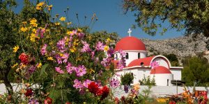 A church with flowers in the foreground.