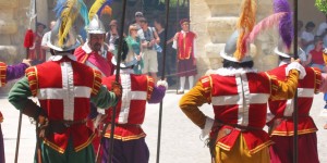 A group of people dressed in costumes and holding swords.