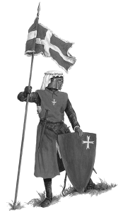 A knight in full armor holding a flag and a sword.