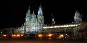 The Santiago de Compostela Arch Cathedral Basilica at night.