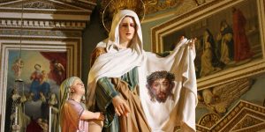 A statue of Veronica with the face of Jesus imprinted on her garment as part of the Maltese Easter tradition.