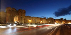 A long exposure of the street lights and walls of an old castle.