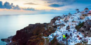 A view of the ocean from above at dusk.