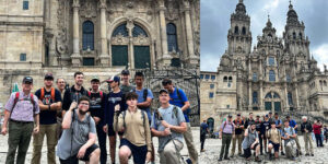 Students on a MedSeas Camino Trip in front of the Cathedral of Santiago de Compostela.